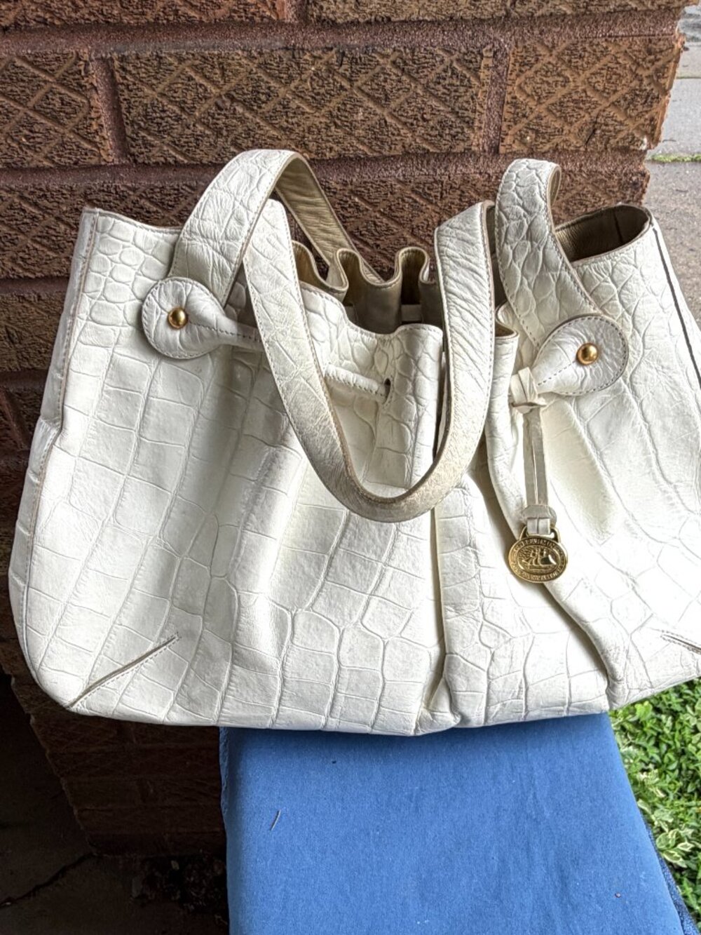 BRAHMIN Elizabeth Grotto Pearl Ivory Cinch Moc Croc Large Tote Hobo Shoulder Bag